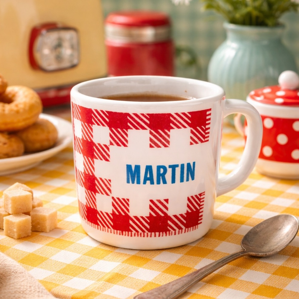 Vintage Westfield Milk Glass Martin Mug Red Gingham 50s